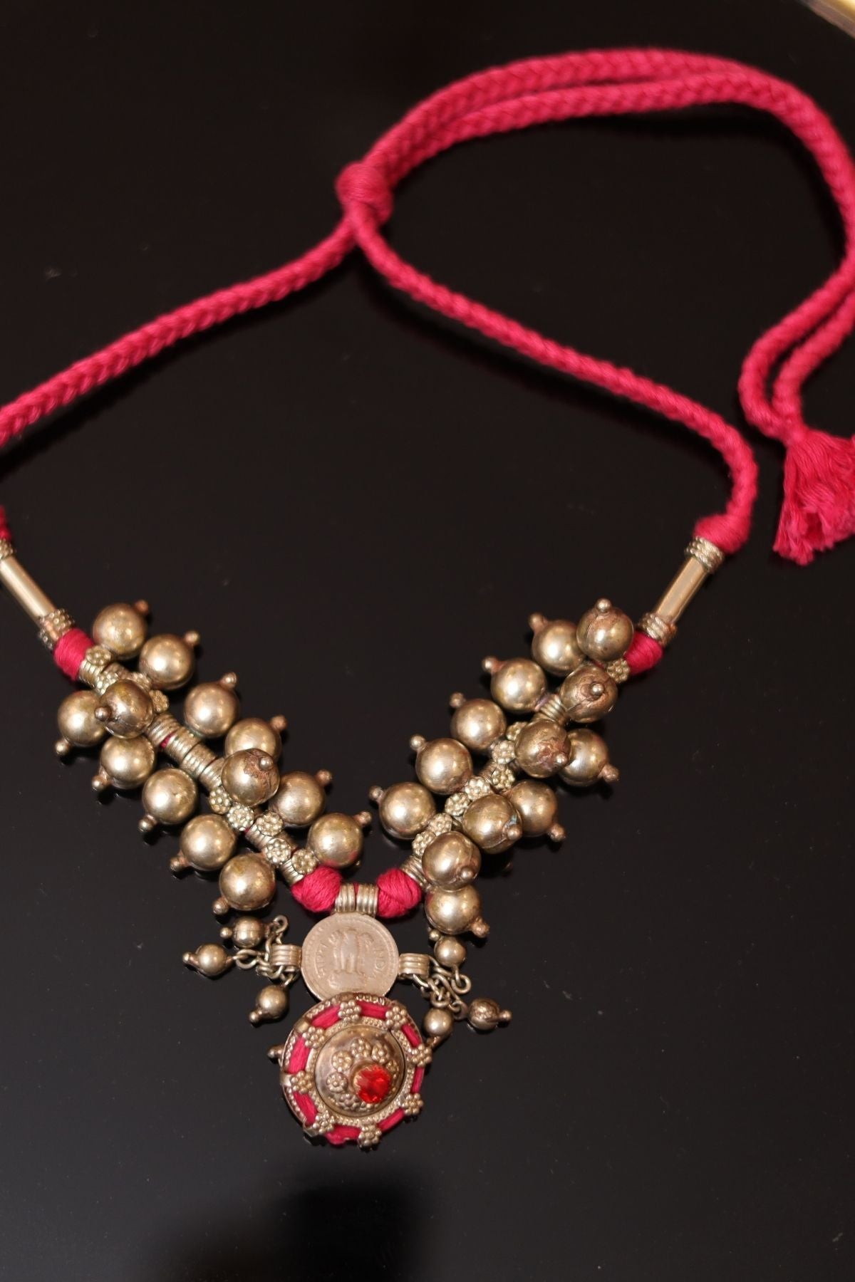 Pink Threadwork with Handcrafted Brass Bead Necklace